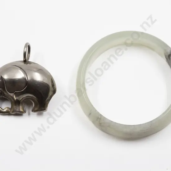 Mutton Fat Jade Bangle and Silver Plate Elephant Rattle Charm