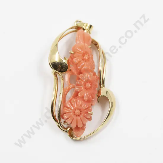 14ct Mounted Floral Carved Pink Coral Pendant