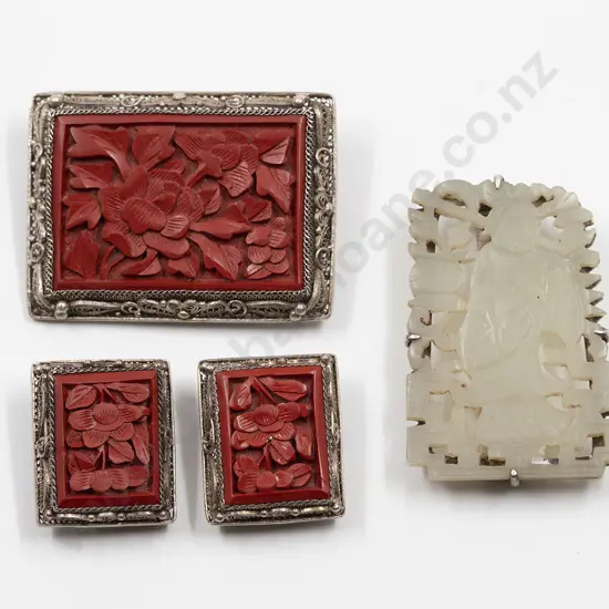 Chinese Silver Cinnabar Lacquered Brooch