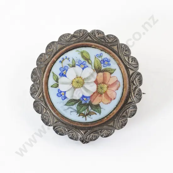Victorian S/S and Floral Painted Enamel Brooch