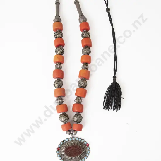 Turkish Red Bamboo Coral and White Metal Bead Pendant Necklace