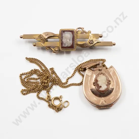 Victorian 9ct Double Cameo Bar Brooch and Locket