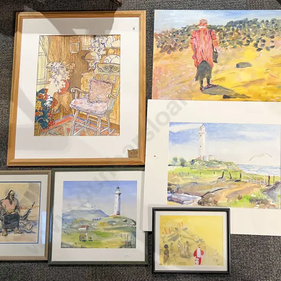 Quantity of Loose and Framed Original Works Incl. N. Morley-Hall Watercolor (6)