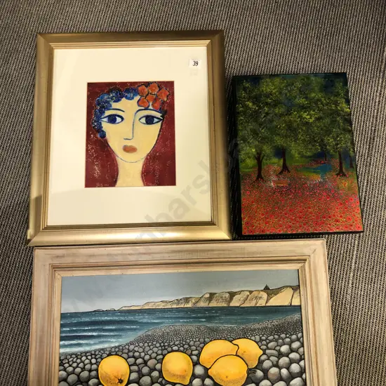 Three Assorted Originals Incl. Oil on Canvas Harbor Scene by J.S.