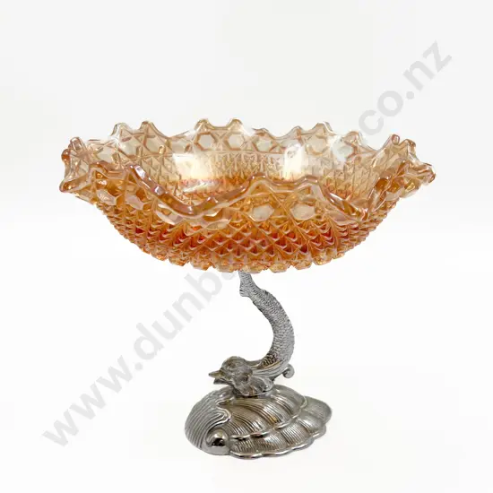 Carnival Glass Comport With Metal Fish Form Base