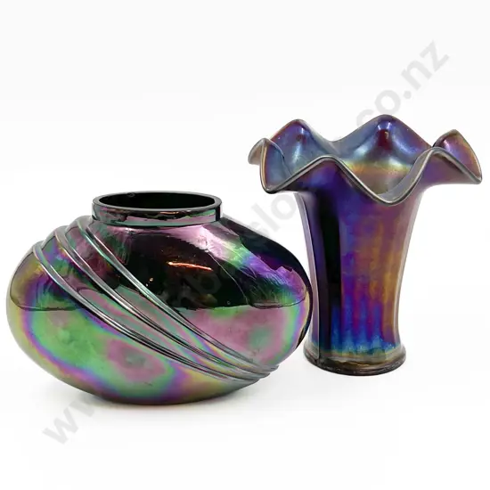 Two Iridescent Carnival Glass Vases