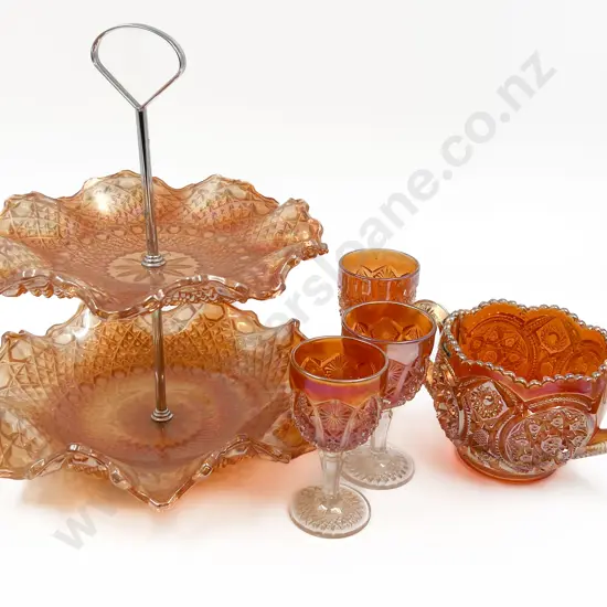 Two Tier Carnival Glass Cake Plate Together With Four Assorted Carnival Glass Pieces (5)