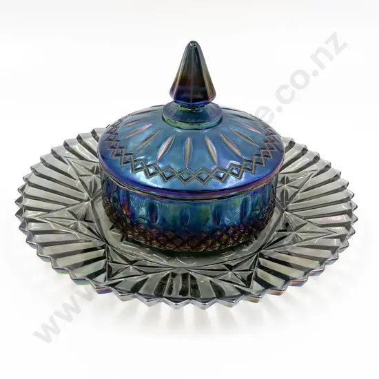 Two Pieces of Carnival Glass Incl. Iridescent Lidded Jar