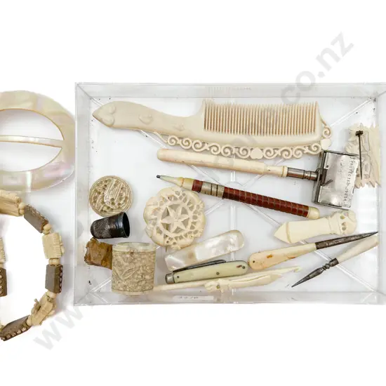 Qty of Assorted Ivory and Bone Items Including Thimble Holder