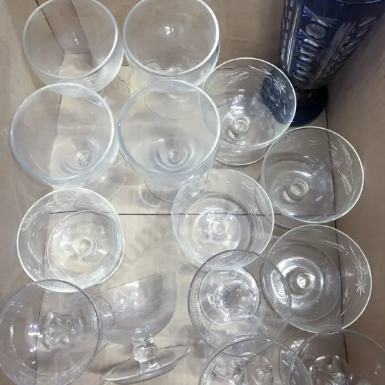 Box of Assorted Crystal and Glassware Incl. Hollow Stemmed Champagne Glasses
