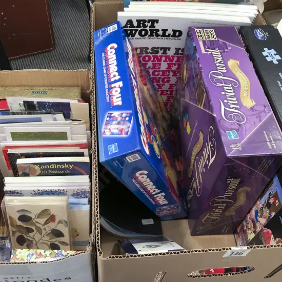 Two Boxes of Assorted Games and Puzzles Together With Qty of Postcards and Greeting Cards