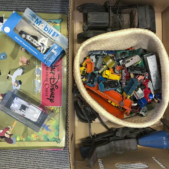 Box of Assorted Toys Including Diecast Model Cars