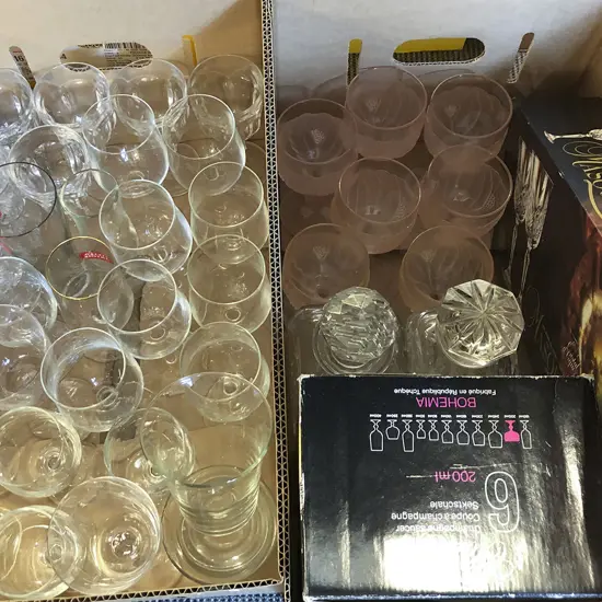 Two Boxes of Assorted Crystal and Glass Including Decanters and Boxed
