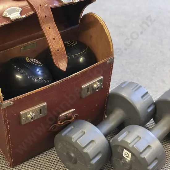 Lawn Bowls Set in Case Together with Two Dumb Bells