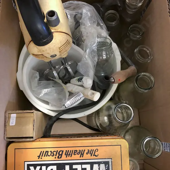 Box of assorted Vintage Including Sunbeam Mixer Together with Glass Milk bottles Etcv