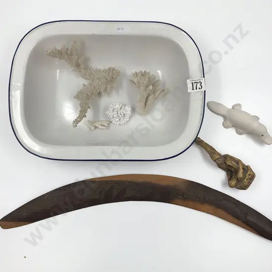 Small Quantity of Coral and Ornaments Together with Enamel Oven Dish