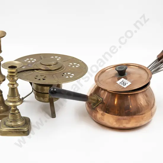 Small Assortment of Metal Ware Including Copper Pot and Brass Candle Sticks