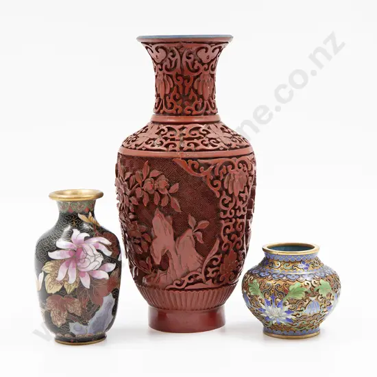 Cinnabar Lacquer Vase Together with Two Small Cloisonné Vases