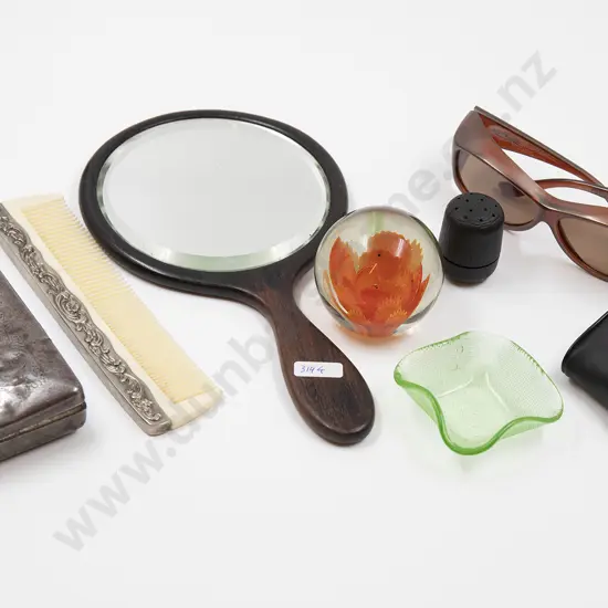 Small Box of Assorted Including Vanity Items and Art Glass Paper Weight