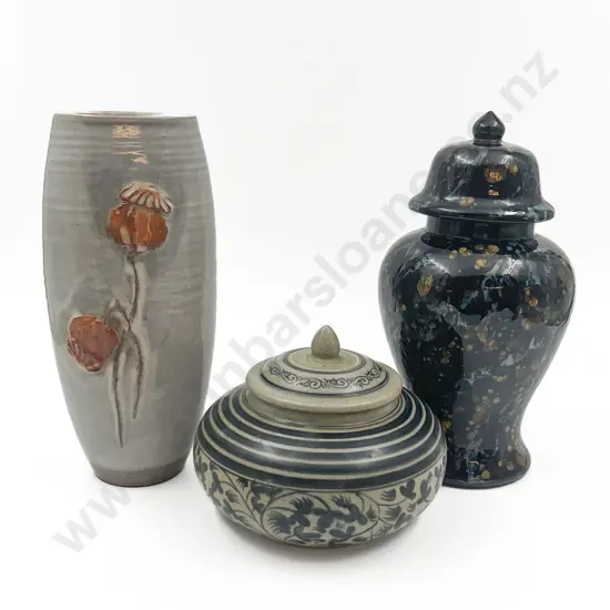 Lidded Pottery Vase and Two Other Vases