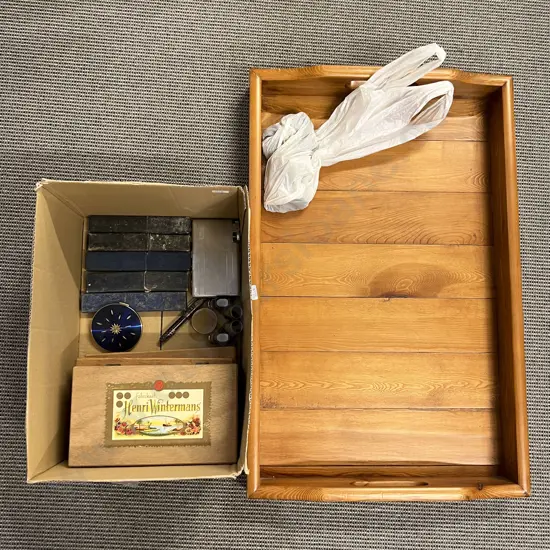 Box of Assorted Vintage Including Razors and Compact Together with Cigar Boxes on Wooden Tray