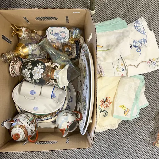 Box of Assorted Fancy China and Glassware