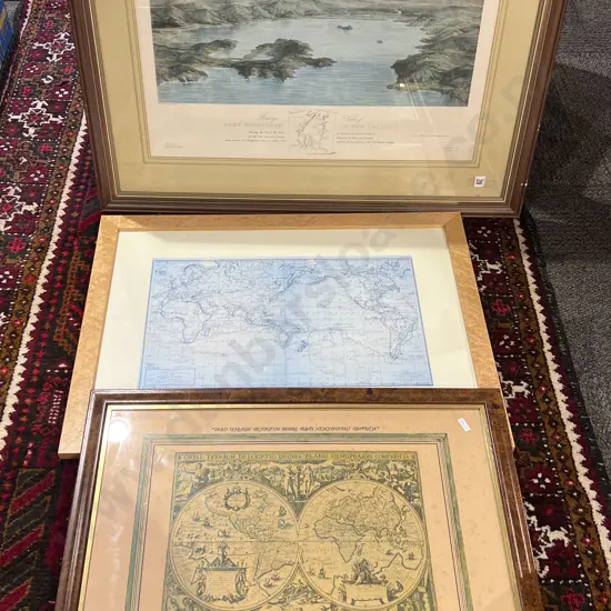 Port Nicholson Framed Historical Print Together With Two Framed Maps (3)