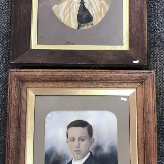 Two Oak Framed Colored Portraits (Crack to One Glass)