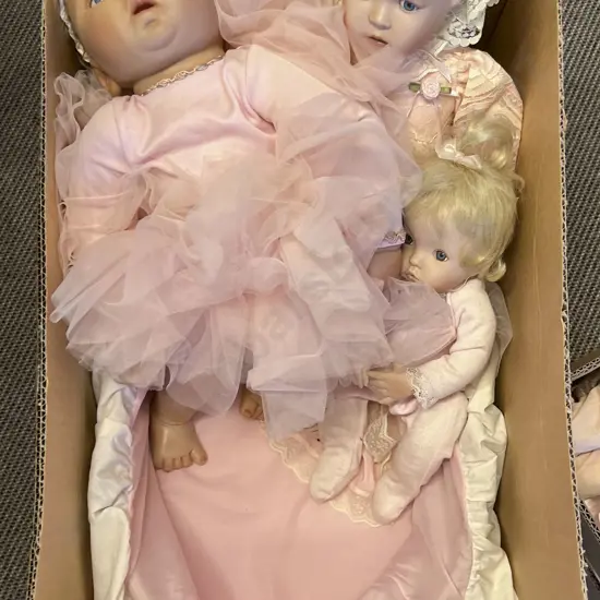 Two New Bisque Dolls with Cradle and Vinyl Character Doll