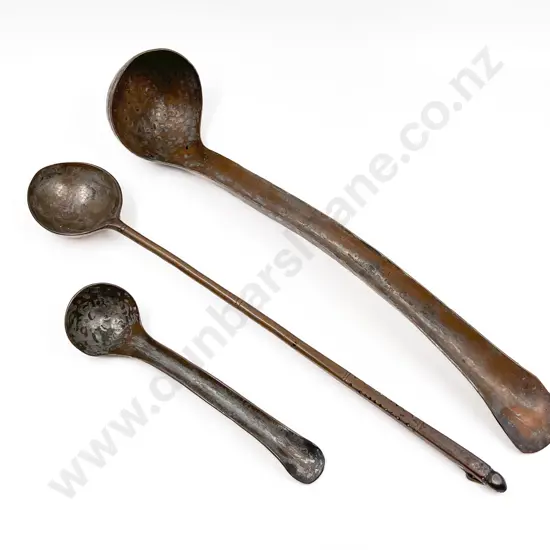 Two Copper Ladles Together With Large Copper Mixing Spoon