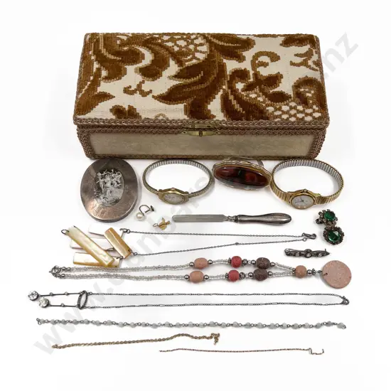 Jewelry Box with Assorted Jewelry and S/S Incl. Ladies Watches with Earrings and Rings Etc.