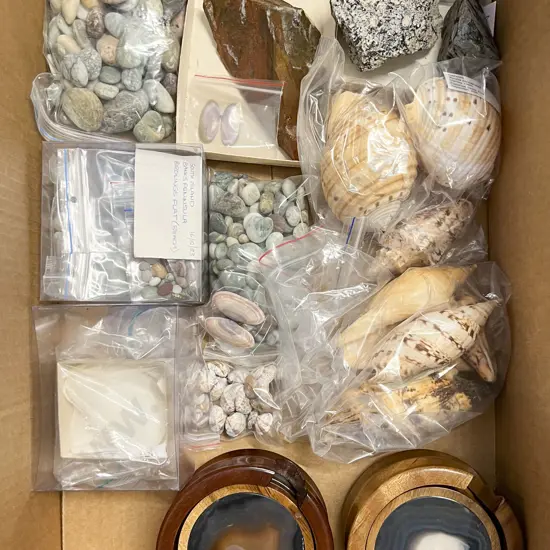 Box Quantity of Assorted Shells with Geological Samples and Mineral Coasters