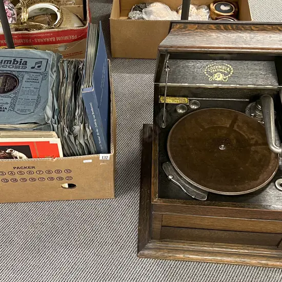 Columbia Oak Cased Tabletop Gramophone Together With Box of Vintage Records