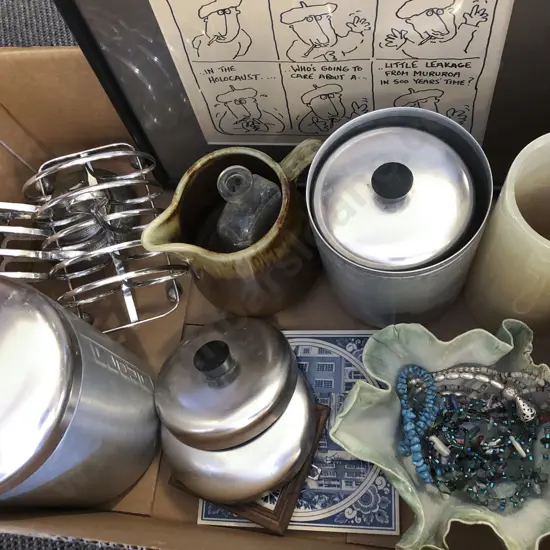 Box of Assorted Incl. Toast Racks with Framed Cartoon and Costume Jewelry Etc.