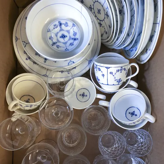 Box of Assorted Crystal and Glassware Together With Blue and White China
