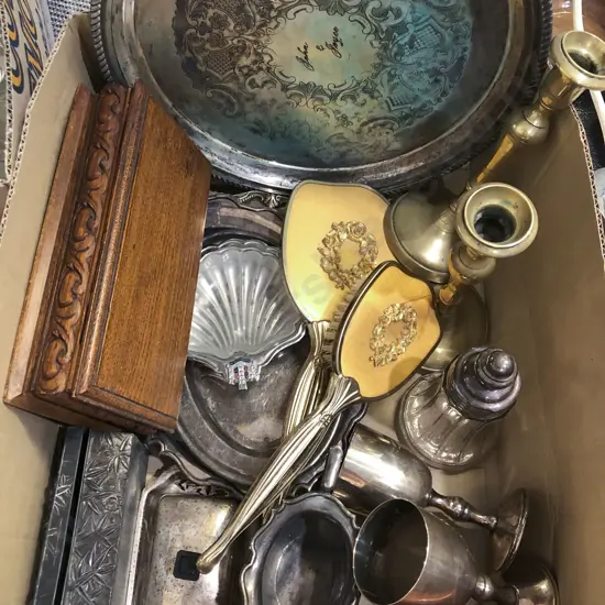 Box of Assorted Metalware Incl. Vanity Items and Candlesticks Etc.