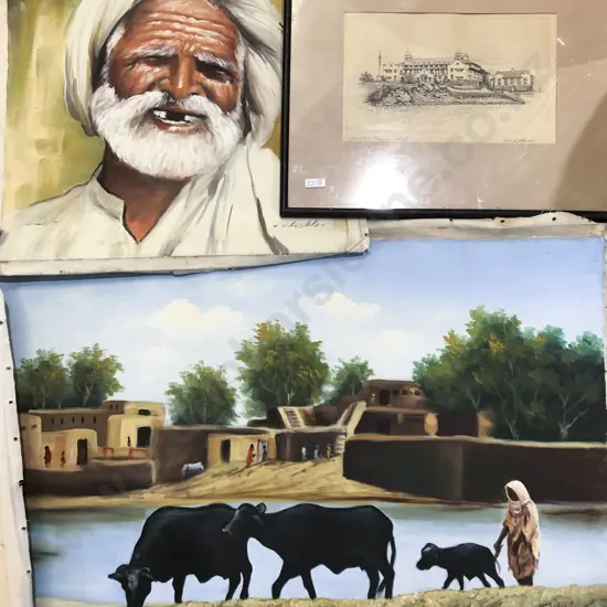 Box of Three Loose Canvas Works Together With Framed Work (4)