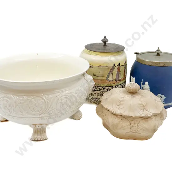 Wedgewood Footed Bowl (Faults) Together With Two Biscuit Barrels Etc.