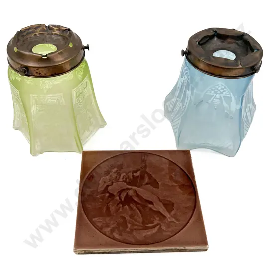 Two Edwardian Glass Light Shades Together With Tile