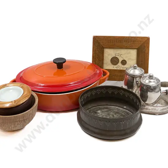 Quantity of Assorted Incl. Le Creuset Style Oven Dish Together With Copper Bowl and Assorted Woodware Etc.