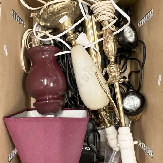 Box of Assorted Lamps and Electronics Etc.