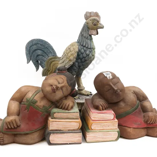 Pair of Carved Bookends Together With Rooster Ornament