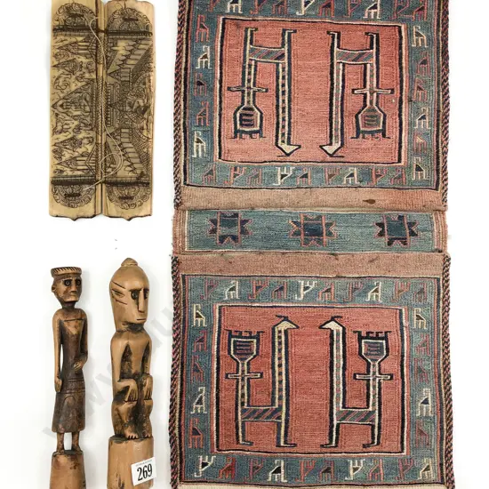 Persian Book Cover Together With Two Carved Figures Etc.