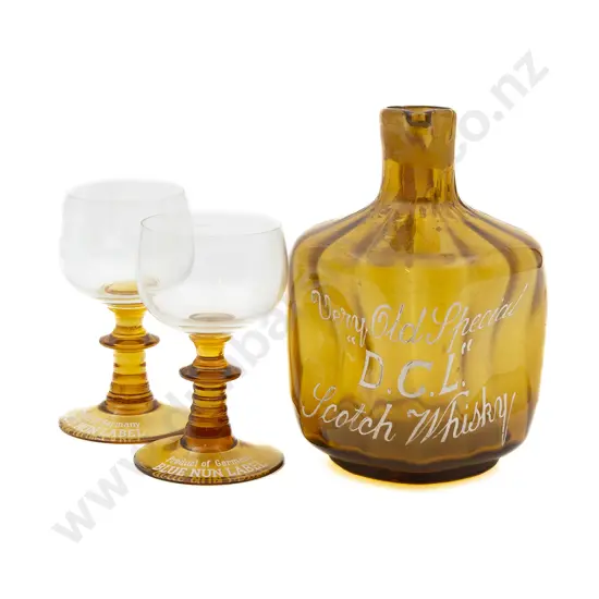 Very Old Special "DCL" Scotch Whisky Amber Glass Decanter and Two Glasses