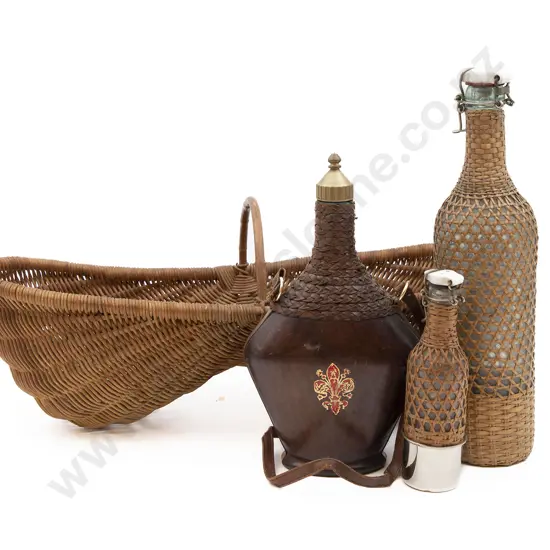 Wicker Basket and Three Wicker and Leather Bound Bottles