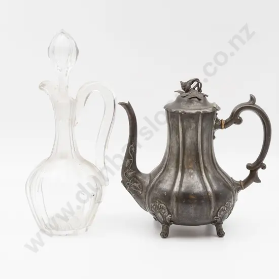 Heavy Glass Decanter Together with Plated Coffee Pot