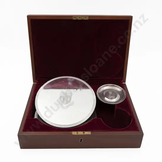 Boxed Three Plated Armorial Coasters and Small S/S Pin Dish