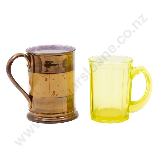 Large Victorian Copper Lustre Tankard and Green Glass Tankard