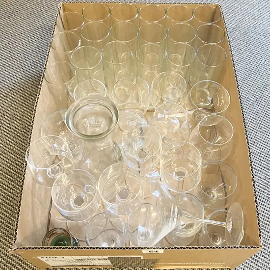 Box of Assorted Glasses and Carafe