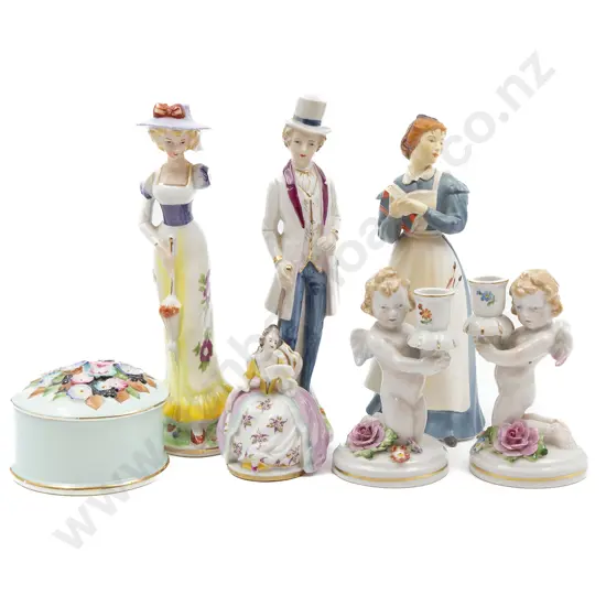 Four China Figures with Floral Box and Pair of Cherub Candlesticks